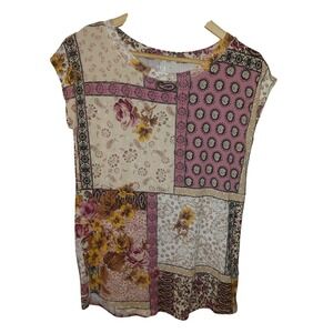 Maurices 24/7 Womens Floral Paisley Print Short Sleeve Top Pink Tan XS